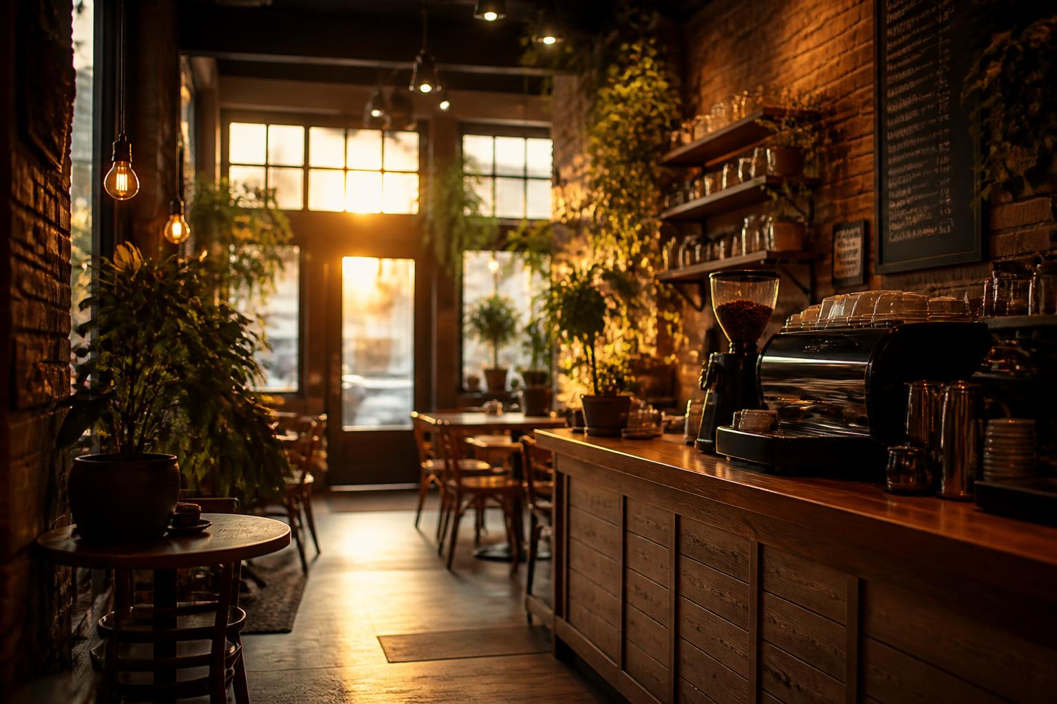 Café interior at golden hour